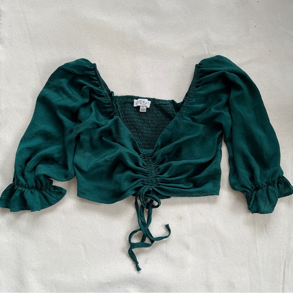 Romantic Forest Green Ruched Blouse